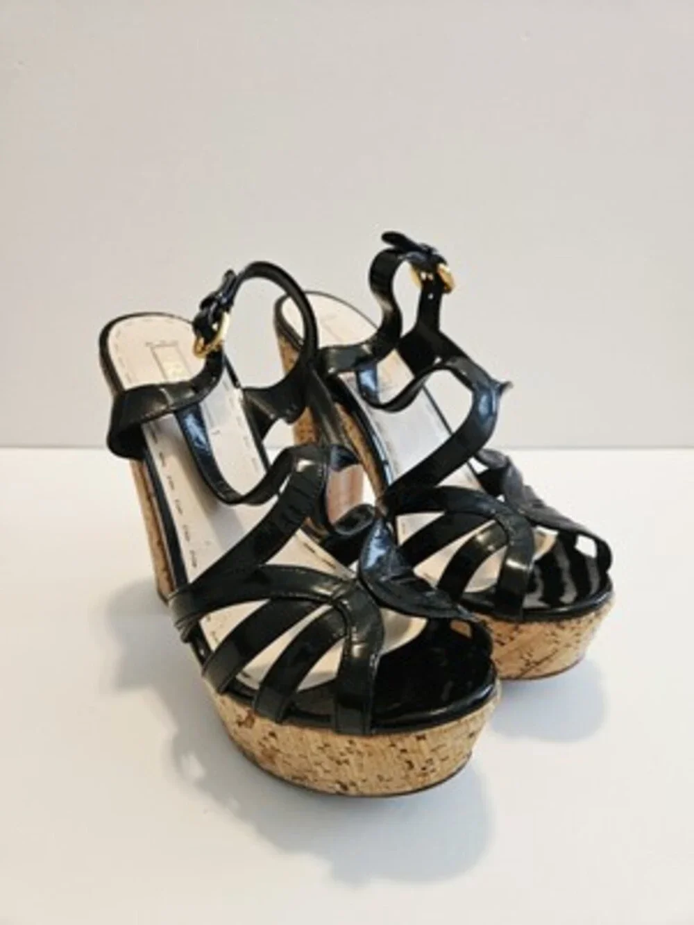 PRADA Milano Black Patent Leather Cork Platform Block US9/UK39 Heels Slingback
